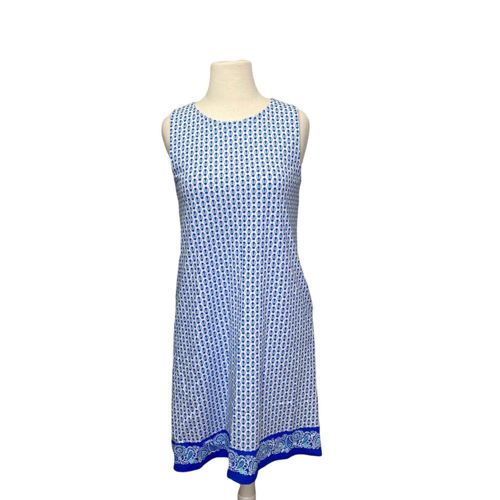 Jude Connally Melody‎ A-Line Dress Womens Small Ditsy Border Blue White USA made